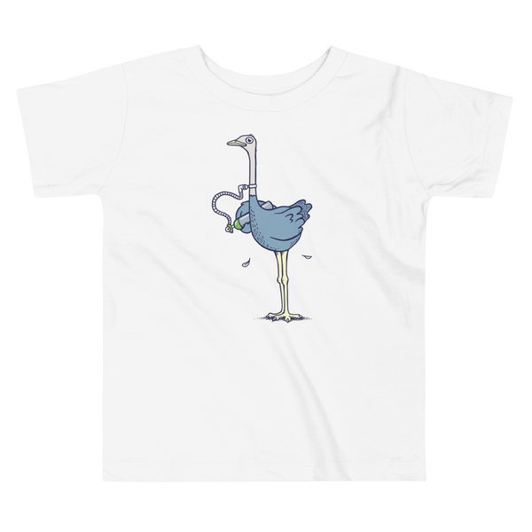 An ostrich or oxtrich that has a trach or tracheostomy in the stoma connected to 02 or and oxygen tank that he is holding on an white kids t-shirt.