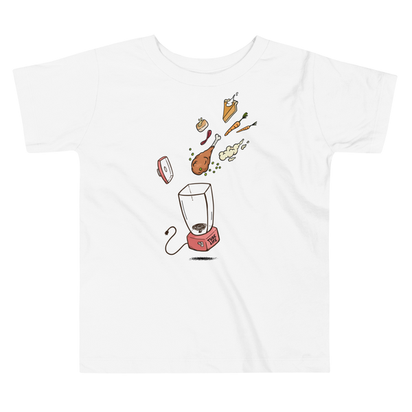 A Thanksgiving dinner getting thrown into a blender - a turkey leg, mashed potatoes, carrots, pumpkin pie and bread on a white kids t-shirt. A meal for those who are living the g-tube or Tube Life with a stoma.