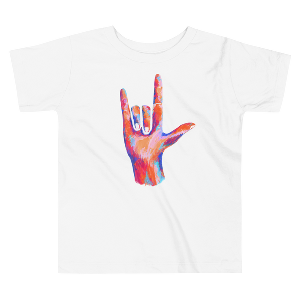A multicolored and colorful hand signing in ASL  I Love You on a white kids t-shirt.