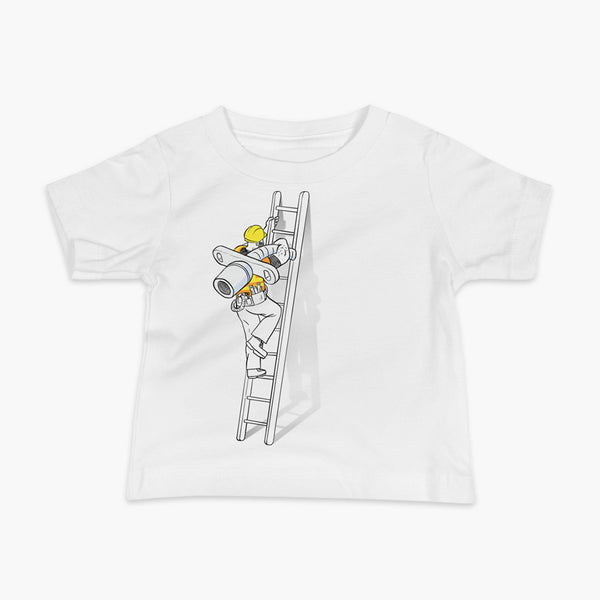 A construction worker is climbing a ladder to bring a new trach up for a trach change for a tracheostomy for a stoma on a white infant t-shirt