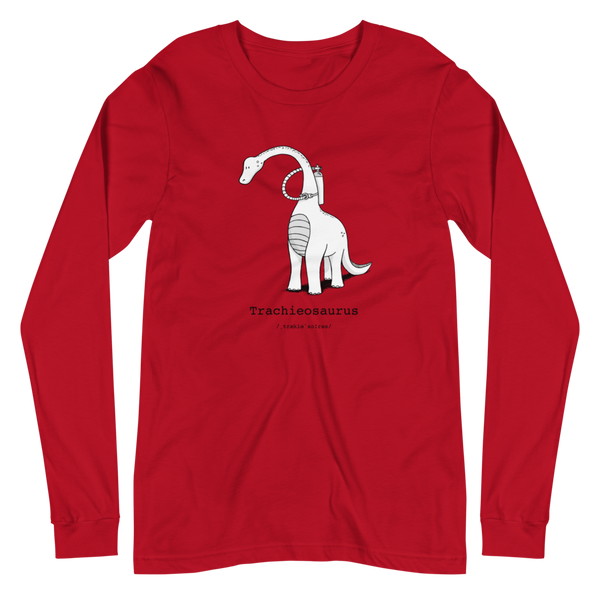 Trachieosaurus - a dinosaur with a trach or tracheostomy and oxygen on a red adult long sleeve shirt