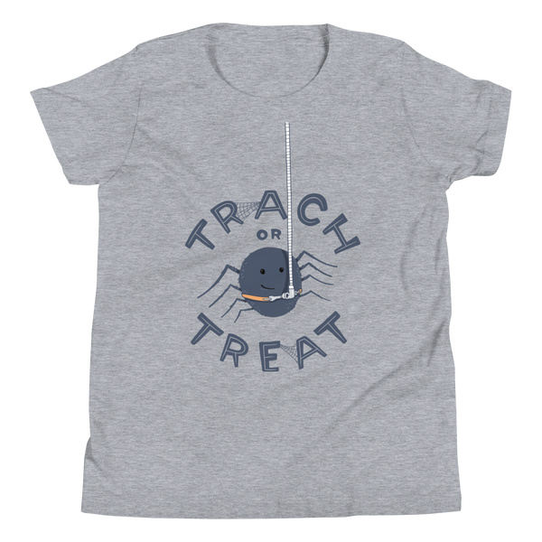 a spider with a trach or tracheostomy and ventilator that say trach or treat for Halloween on a heather grey youth t-shirt