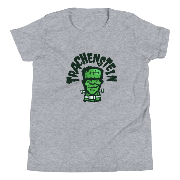 A Frankenstein monster called Trachenstein with an trach or tracheostomy and HME on a athletic heather Youth t-shirt