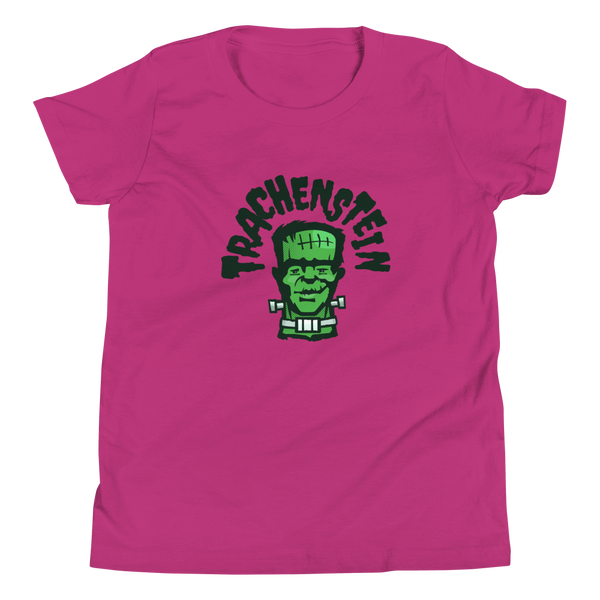 A Frankenstein monster called Trachenstein with an trach or tracheostomy and HME on a berry Youth t-shirt
