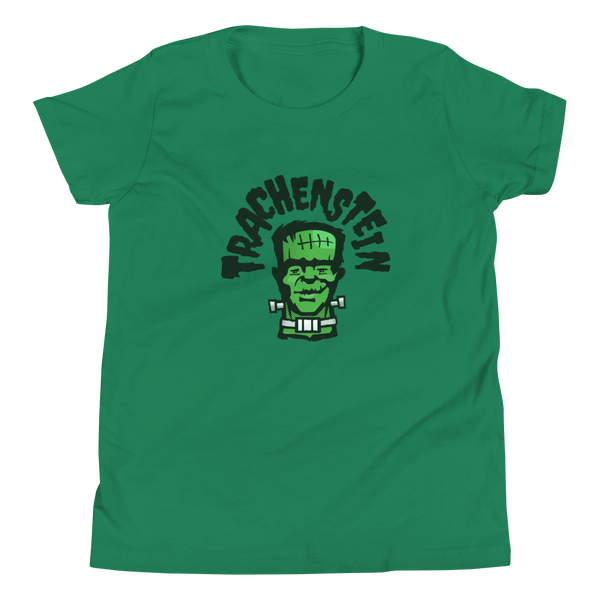 A Frankenstein monster called Trachenstein with an trach or tracheostomy and HME on a kelly green Youth t-shirt