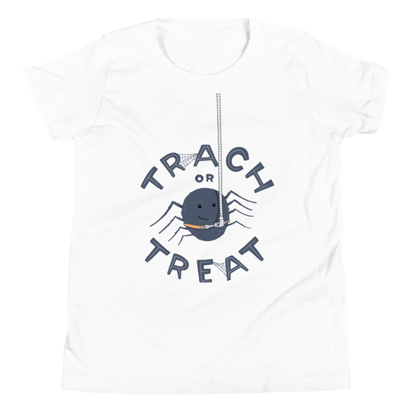 a spider with a trach or tracheostomy and ventilator that say trach or treat for Halloween on a white youth t-shirt